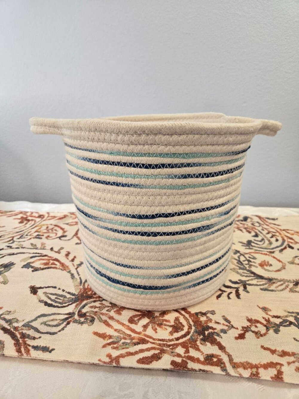 Blue and White Cotton Rope Basket with Handles